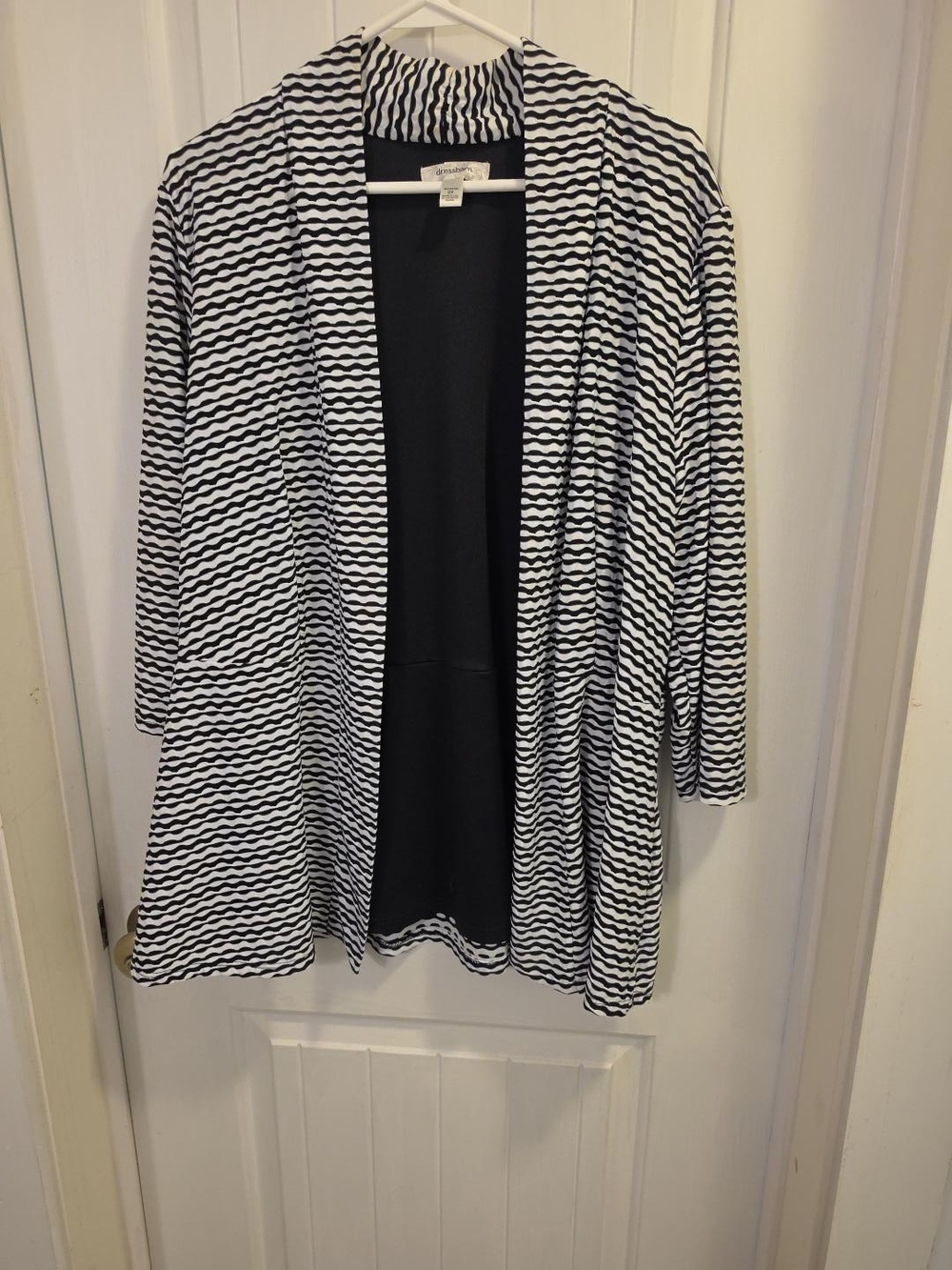 dressbarn Black and White Wave-Stripe Open Cardigan